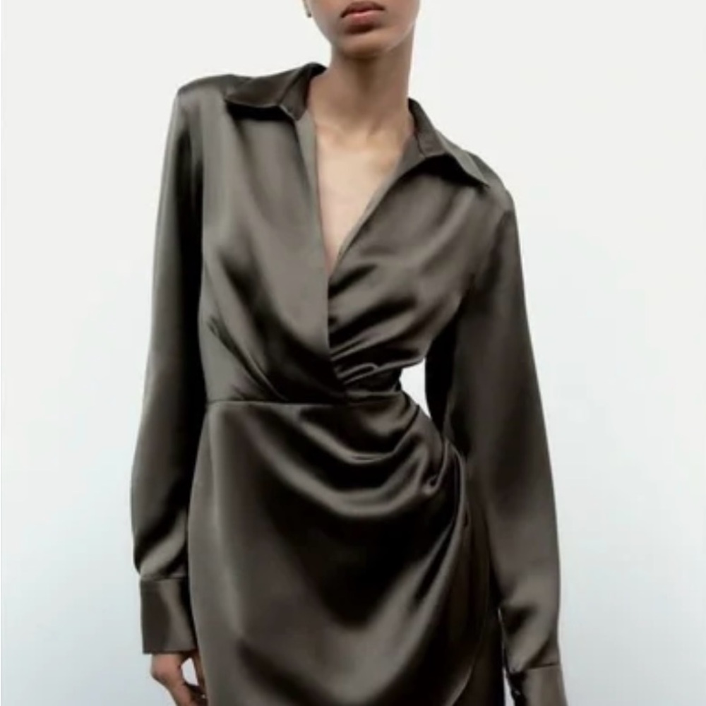Zara Green Asymmetrical Wrap Dress with Notched Collar